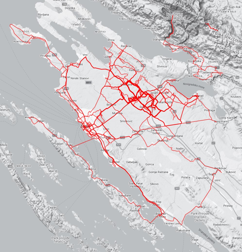 Heatmap svih vožnji BK Poličnik — Zadarska regija, Pag i Vransko jezero